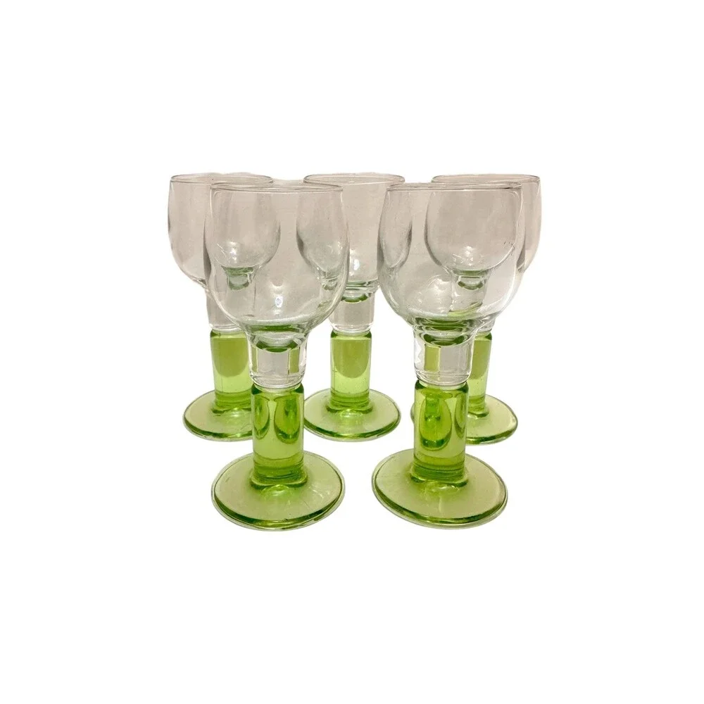 Vintage Bormioli Rocco Limoncino Glasses Set of 5 Italian Green Stem 2 oz